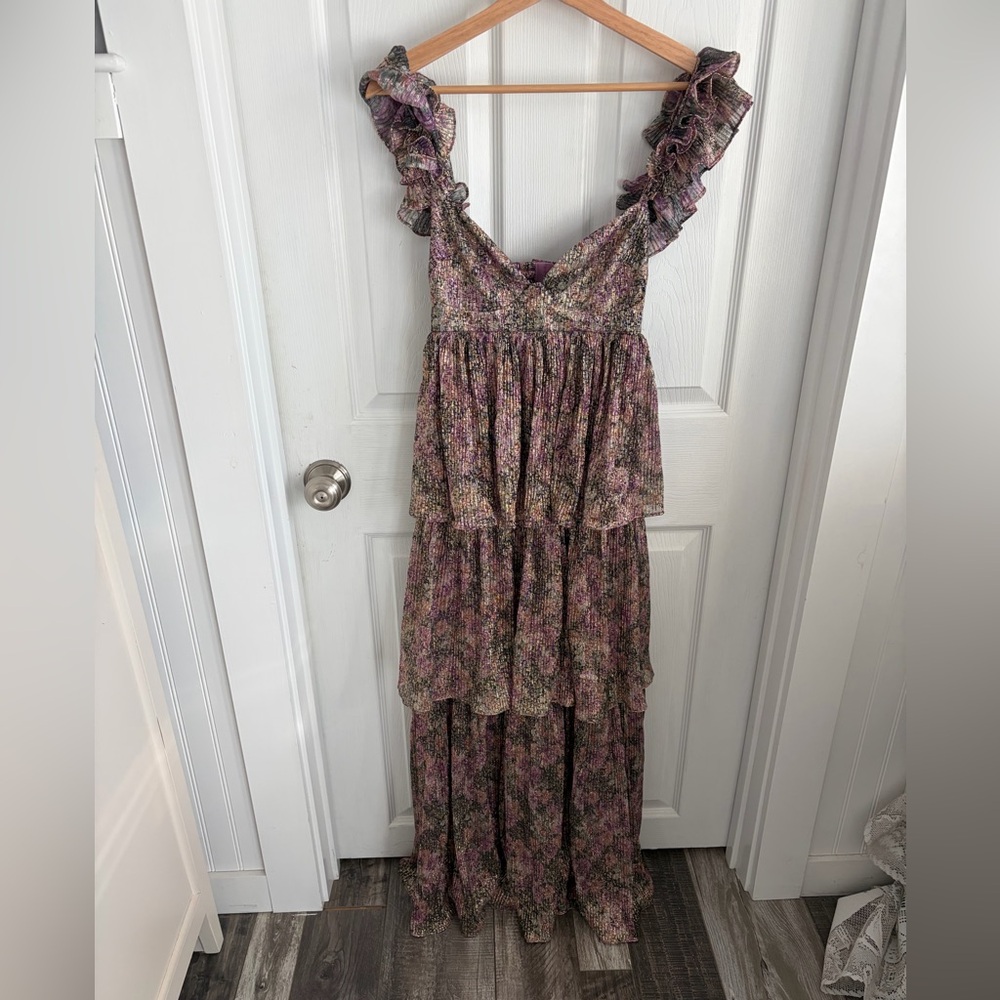 Brand new Long elegant flowy multi colored maxi dress with ruffled sleeves